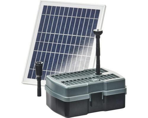 Teichfilterset HEISSNER Solarpumpen Set bis zu 600 l/h mit Wasserspiel mit externem Solarmodul 3 m Anschlusskabel integriertem UVC-Teichklärer 5 W für Teiche bis zu ca. 1000 l (ohne Fische)
