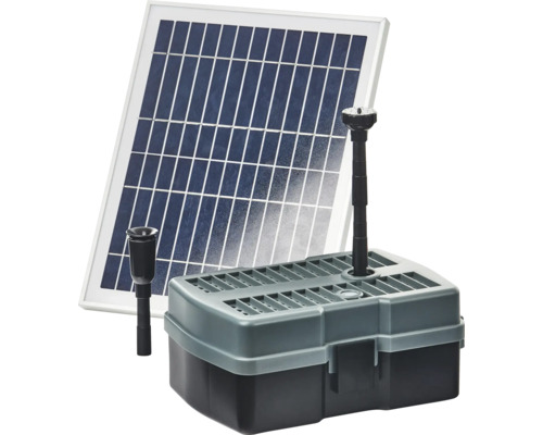 Teichfilterset HEISSNER Solarpumpen Set bis zu 600 l/h mit Wasserspiel , mit externem Solarmodul 3 m Anschlusskabel, integriertem UVC-Teichklärer 5 W für Teiche bis zu ca. 1000 l