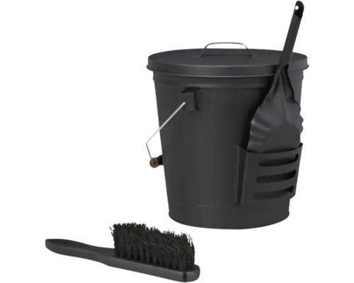 Ascheeimer-Set Valo oval 15 Liter schwarz inkl. Schaufel und Besen Kaminbesteck mit Eimer, Schaufel und Bürste