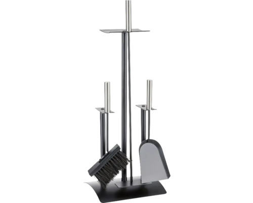 Kaminbesteck Oslo Premium schwarz 3-teilig Kamingarnitur mit Kaminbesen, Schaufel, Schürhaken und Ständer