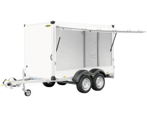 Weisser Anhänger mit geöffneter Seitenklappe