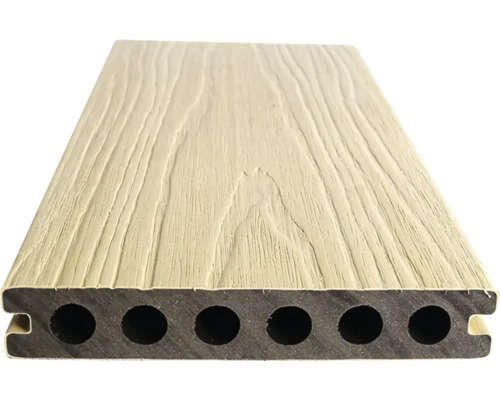 Lame de terrasse en plastique avec structure en bois et profilé à chambre creuse
