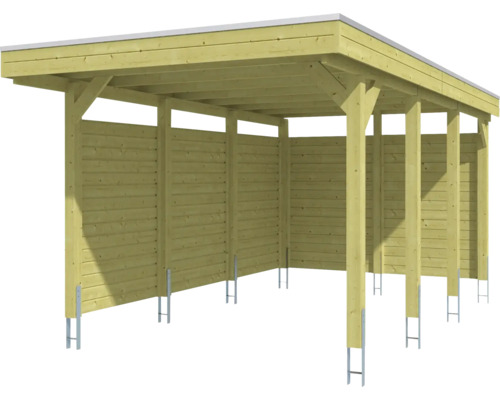 Carport en bois avec toit plat et parois latérales