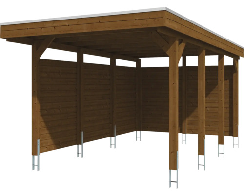 Carport en bois avec parois latérales et poteaux métalliques