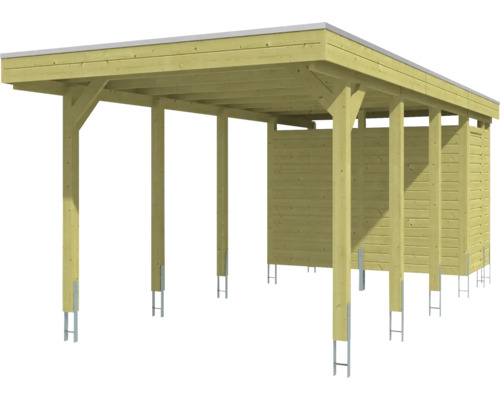 Carport en bois avec toit plat et local à outils