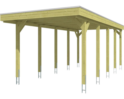 Carport en bois avec toit plat et fondations de poteaux