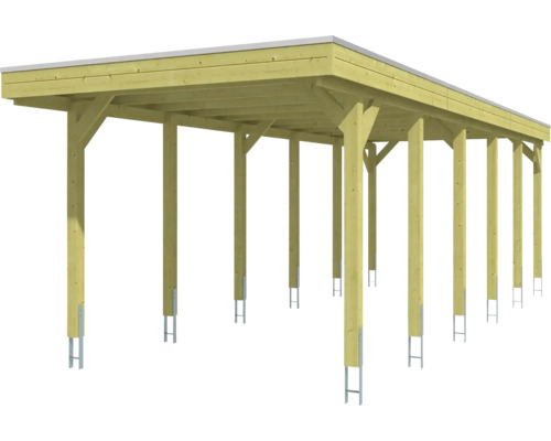 Carport en bois avec toit plat et ancrages métalliques
