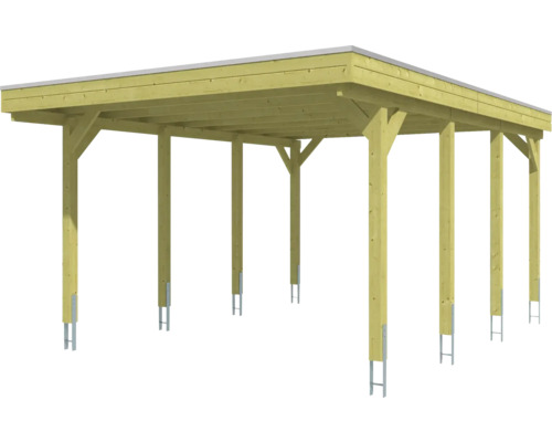 Carport en bois avec toit plat et pieds en acier