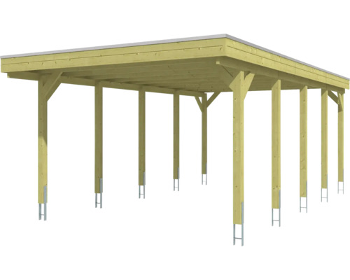 Carport en bois avec toit plat et pieds de poteaux en acier