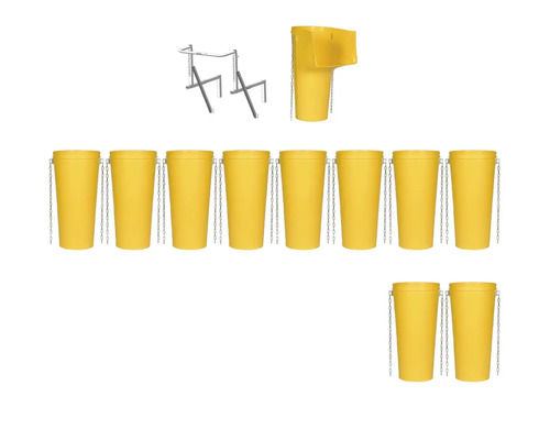 Gelbe Abfallbehälter mit Kette und zugehöriger Halterung