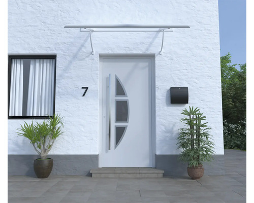 Hausfassade mit Haustür, Briefkasten und Pflanzen