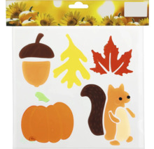 Fensteraufkleber mit Herbstmotiven wie Kürbis, Eichhörnchen, Blätter und Eicheln
