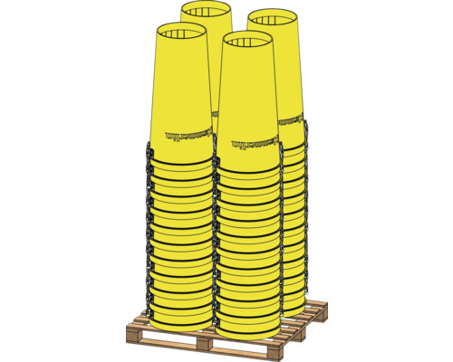 Mehrere gelbe Abfallschläuche auf einer Palette