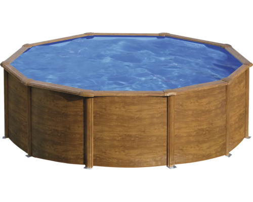 Kit de piscine hors sol avec paroi en acier Planet Pool ronde Ø 450x120 cm avec groupe de filtration à sable, skimmer encastré, échelle, sable de filtration et flexible de raccordement aspect bois