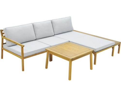 Gartensofa-Set mit Tisch aus Holz und hellen Auflagen