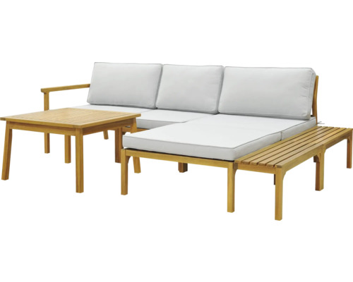 Gartenmöbelset mit Sofa, Tisch und Bank aus Holz mit hellen Polstern