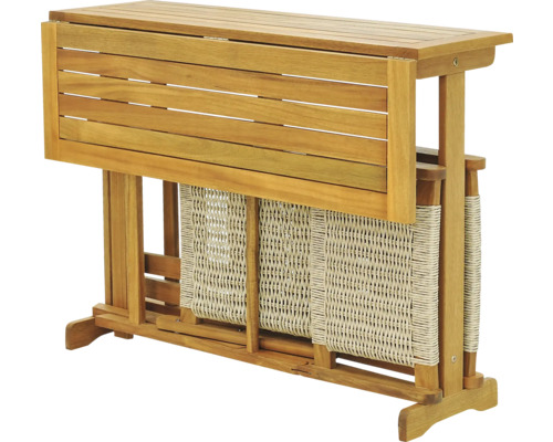 Holztisch mit ausklappbarer Tischplatte und Flechtkorbablage