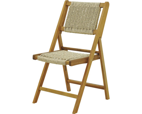 Klappstuhl aus Holz mit geflochtener Sitzfläche und Rückenlehne