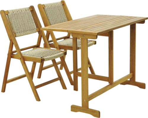 Gartentischgruppe mit zwei Klappstühlen aus Holz und Textil