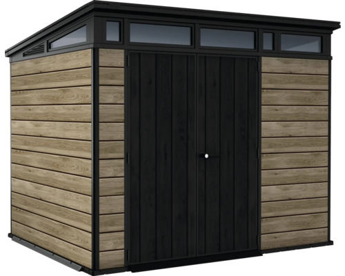 Abri de jardin avec double porte, fenêtres latérales et revêtement en bois