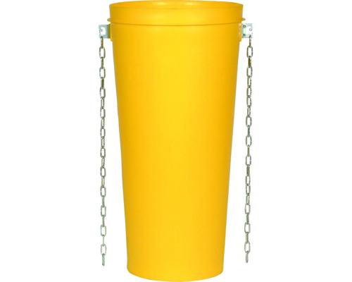 Gelber Abfallbehälter aus Kunststoff mit Kette