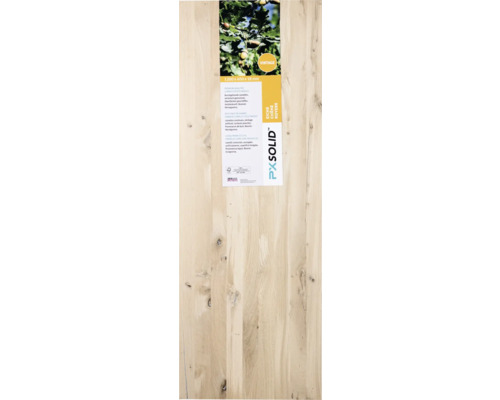 Planche en bois collée en chêne avec informations sur le produit.