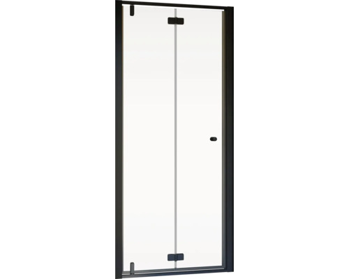 Porte de douche dans une niche avec porte à vantaux pliants SCHULTE Trend2.0 80 cm profilé noir verre transparent tirant gauche