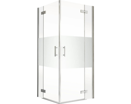 Douche accès d'angle avec porte battante avec 2 parties fixes SCHULTE Toura 90 x 90 cm profilé chrome décor verre discret tirant gauche tirant droite