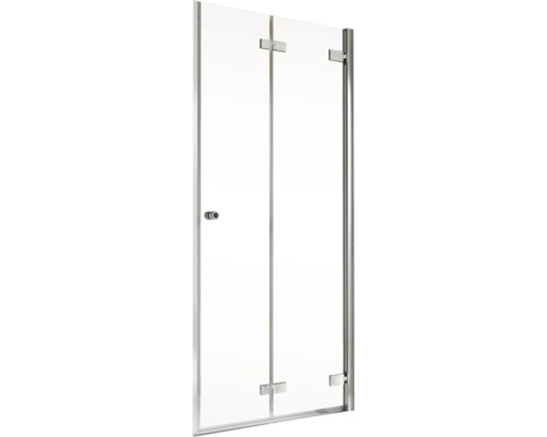 Porte de douche dans une niche avec porte à vantaux pliants SCHULTE Toura 90 cm profilé chrome verre transparent tirant droite poignée tampon
