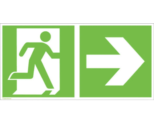 Plaque d'avertissement Issue de secours vers la droite 300 x 150 mm luminescente Panneau d''évacuation avec une personne courant hors d''une porte et une flèche vers la droite