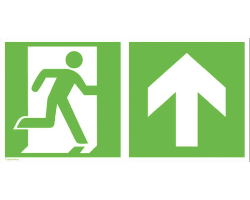 Plaque d'avertissement Issue de secours vers le haut 300 x 150 mm luminescente Panneau de sauvetage avec personne et flèche vers le haut