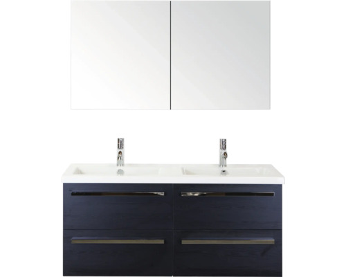 Waschtisch mit zwei Waschbecken, Unterschrank und Spiegelschrank für das Badezimmer