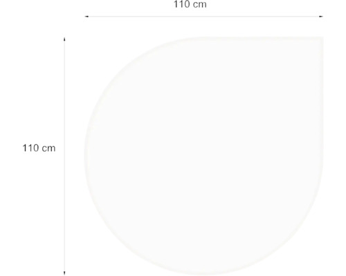 Funkenschutzplatte Glas Tropfenform 110x110 cm mit Fase Abmessungen einer Eckduschkabine mit 110 cm Länge und Breite
