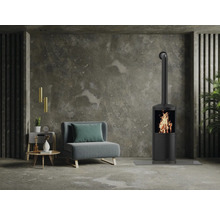 Innenraum mit Kaminofen, Sessel und Beistelltisch.