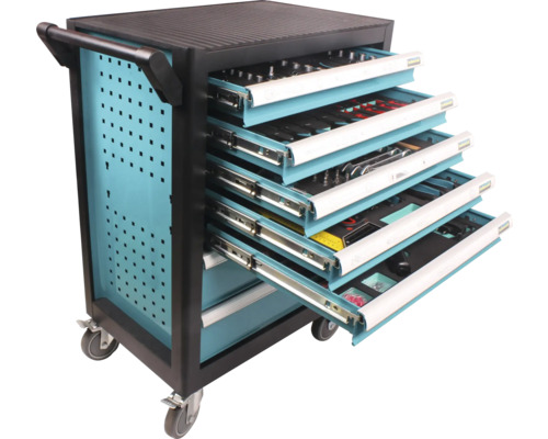 Technocraft Servante d'atelier ROLLBOY 480 x 1010 x 790 mm vert 381 pièces Servante d''atelier avec cinq tiroirs et outils