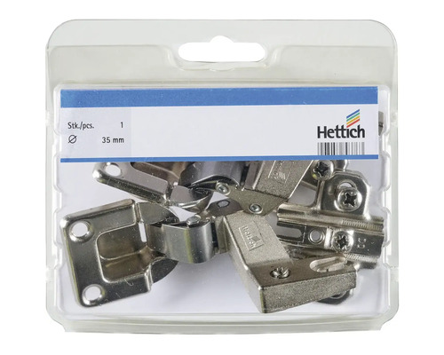 Hettich Logo. Packung mit Möbelscharnieren, Durchmesser 35 Millimeter.