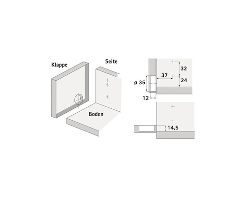 Technische Zeichnung einer Möbelklappe mit Maßangaben