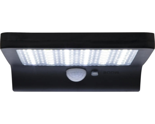 Schwarze LED-Solarleuchte mit Bewegungsmelder für den Aussenbereich.
