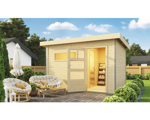 Chalet sauna Karibu Topas 2 avec poêle bio 9 kW et commande externe, avec portes en bois avec verre transparent