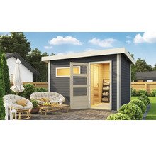 Abri de jardin moderne avec porte ouverte et sauna dans le jardin