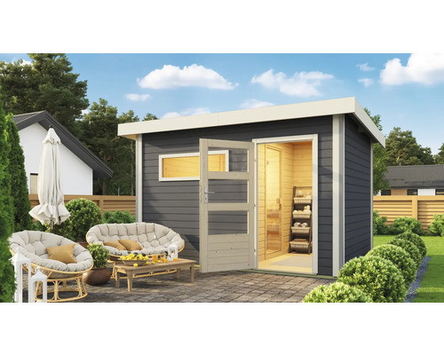 Chalet sauna Karibu Topas 2 avec poêle bio 9 kW et commande ext. avec porte en bois avec verre transparent gris terre/blanc