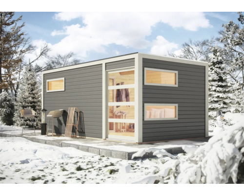 Chalet sauna Karibu Zirkon 2 avec poêle bio 9 kW et commande ext. avec vestibule et porte en bois avec verre transparent gris terre/blanc