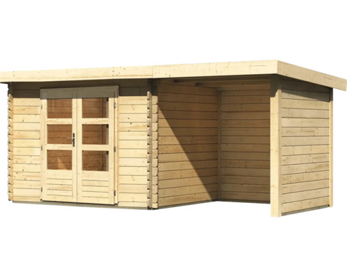 Abri de jardin en bois avec double porte et auvent latéral