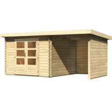 Abri de jardin en bois avec double porte et annexe latérale ouverte