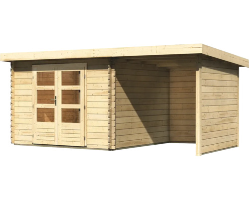 Abri de jardin en bois avec double porte et annexe latérale ouverte