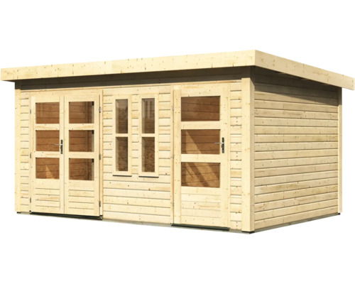 Abri de jardin en bois avec fenêtres et porte double