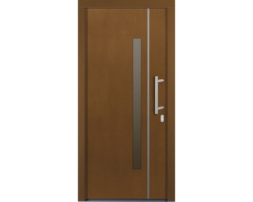 Porte d'entrée Silves pin laqué afromosia 1000x2000 mm tirant droit Porte d''entrée avec poignée, fenêtre étroite et fine moulure décorative