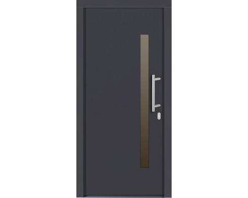 Porte d''entrée grise avec poignée et insert en verre