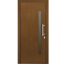Porte d''entrée marron avec insert en verre et poignée
