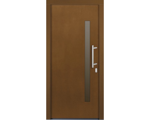 Porte d''entrée marron avec insert en verre et poignée